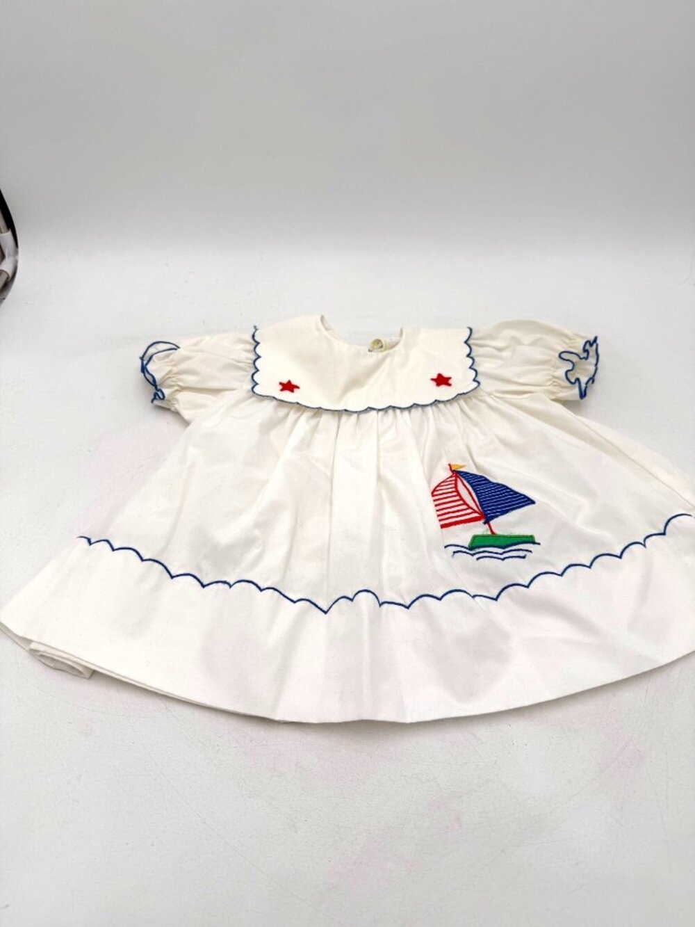 Vintage Baby Dress Sailboat Embroidery Red Star White Blue 12m Sailor Scalloped